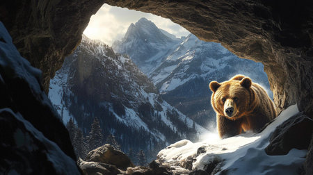 Grizzly bear in the cave on the background of snowy mountains