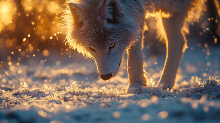 Portrait of a wolf in the winter forest at sunset. Animal in nature.
