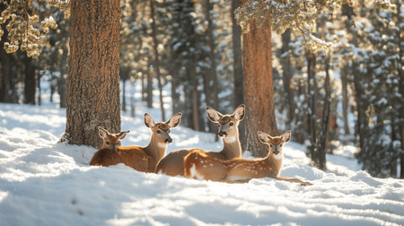 Three whitetail doe sitting in the snow in winter forestの写真素材