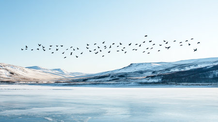 Flock of birds flying over a frozen lake and mountains in the backgroundの写真素材