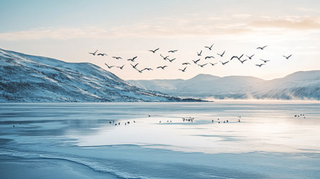 Flock of seagulls flying over a frozen lake in winterの写真素材