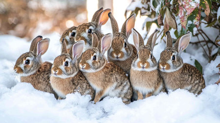 Group of Cottontail rabbits in the snow in winter.の写真素材