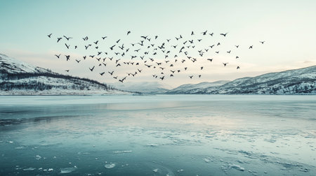 Flock of birds flying over a frozen lake. Winter landscape.の写真素材