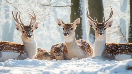 Group of fallow deer in winter forest. Selective focus.