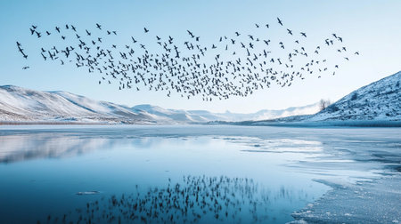 Flock of birds flying over a frozen lake with mountains on the backgroundの写真素材