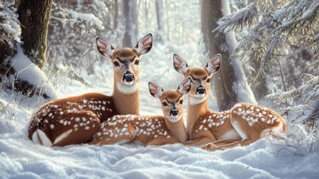Three whitetail fawns lying in the snow in winter forestの写真素材