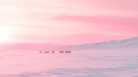 Winter landscape with snow and pink sky. Copy space.の写真素材