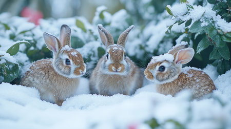 Rabbits in the snow. Cute little bunnies in the snow.の写真素材