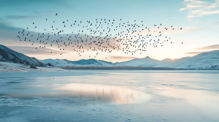 Flock of birds flying over a frozen lake in winter, Scotland