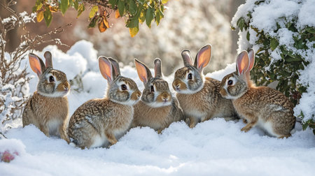 Group of hares sitting on the snow in the winter forest.の写真素材