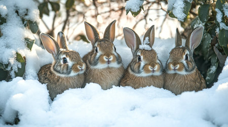Rabbits in the snow. Easter bunny. Cute rabbits.の写真素材