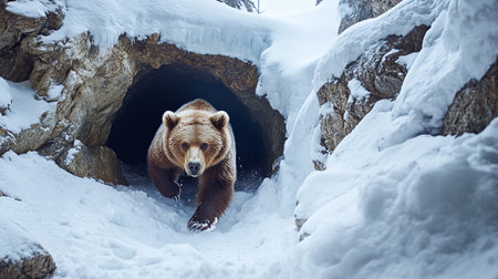Grizzly bear in a cave in the snowy forest.の写真素材