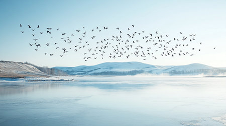 Winter landscape with frozen lake and flock of birds flying in the skyの写真素材