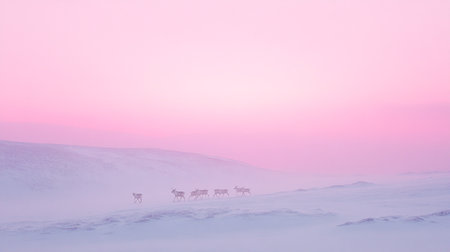 snowy landscape with reindeer in the mountains at sunsetの写真素材