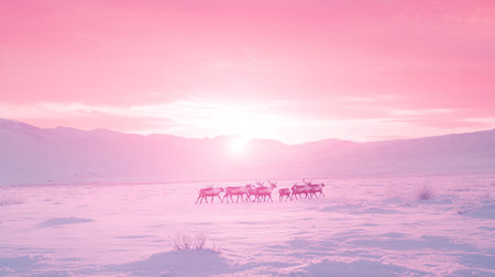 Beautiful winter landscape with reindeer herd in the mountains at sunsetの写真素材