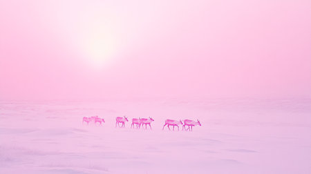Deer in the snow on a background of a pink sky.の写真素材