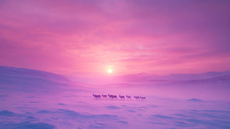 Reindeers in the snowy mountains at sunset.の写真素材