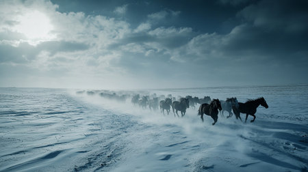 Horses running in the snow on a cold winter day. Toned.の写真素材