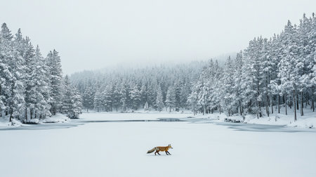 Beautiful winter landscape with a red fox on the frozen lake.の写真素材