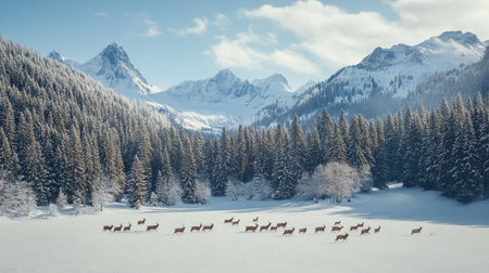 Beautiful winter landscape with a herd of deer in the snowy mountains