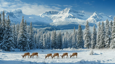 Majestic winter landscape with deers and snow covered fir treesの写真素材
