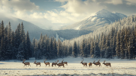 Majestic winter landscape with herd of deer (Cervus elaphus)