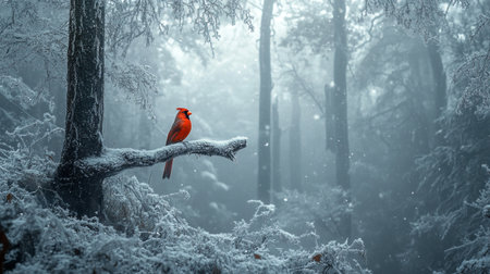 Red cardinal bird perched on a branch in a snowy winter forest.の写真素材