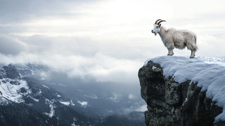 White goat standing on top of a rock in the winter mountains.の写真素材