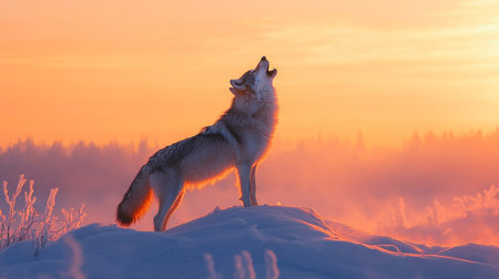 howling wolf at sunset in the winter forest, canis lupusの写真素材