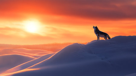 A wolf in the snow against the background of a beautiful sunset.