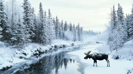 Moose in the winter forest. Beautiful winter landscape with river.の写真素材