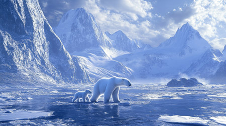 Polar bear (Ursus maritimus) mother and cub on ice, 3d render