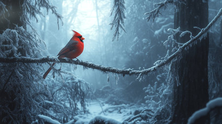 Red cardinal bird on a branch in winter forest. Filtered image processed vintage effect.の写真素材