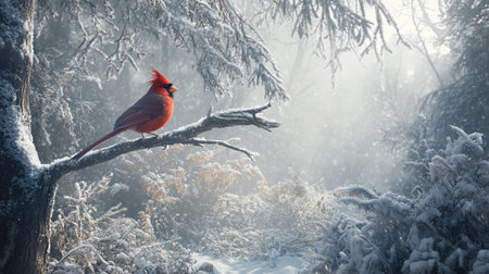 Northern Cardinal (cardinalis cardinalis) perched on a branch in a snowy forestの写真素材