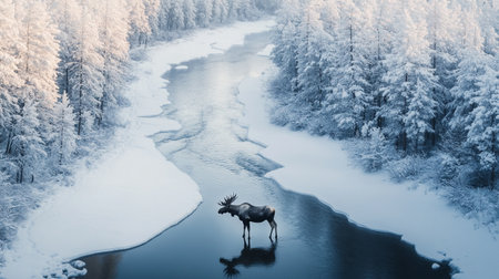 Beautiful winter landscape with a river and reindeer in Finlandの写真素材