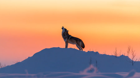 Coyote (Canis lupus) on a hill in the winter at sunsetの写真素材