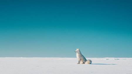 White fox sitting in the snow on the background of blue sky.