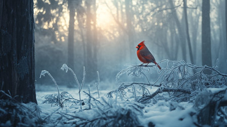 Northern Cardinal (cardinalis cardinalis) in a winter forestの写真素材
