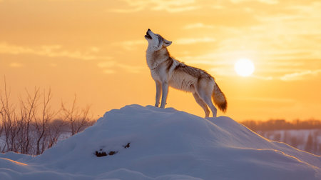 Siberian wolf (Canis lupus) standing on a snowy hill at sunset