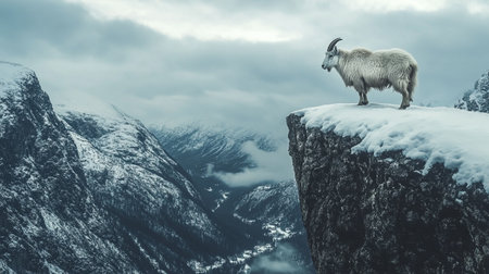 Mountain goat standing on top of a rock in the clouds.の写真素材