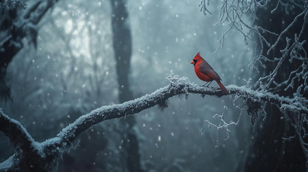 Northern Cardinal (cardinalis cardinalis) perched on a branch in a snowy forestの写真素材