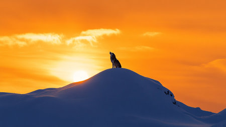 Wolf howling on top of a snowy mountain at sunset in winter