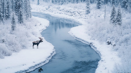 Moose on the bank of a mountain river in winter.の写真素材
