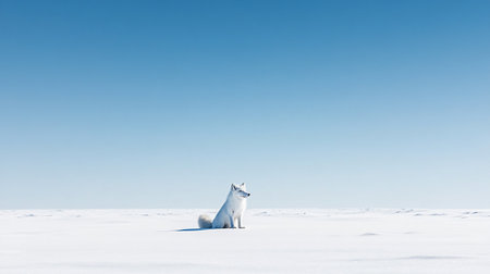 White dog in the snow on a background of the blue sky.