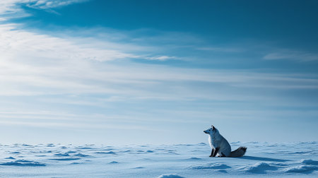 Funny fox sitting in the snow with blue sky and white clouds