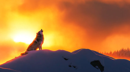 A wolf sits on top of a mountain and looks at the sunsetの写真素材