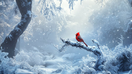 Red cardinal bird sitting on a branch in winter forest. 3D Renderingの写真素材