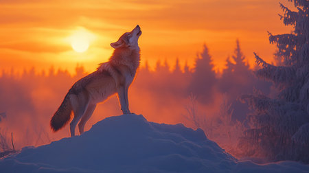 A wild wolf in a snowy landscape at sunset. 3d rendering