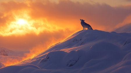 A howling wolf at sunset in the snowy arctic landscape.