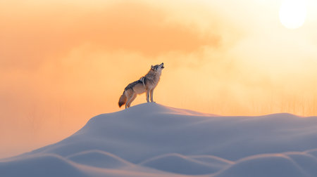 Grey wolf standing in the snow against the background of the setting sun